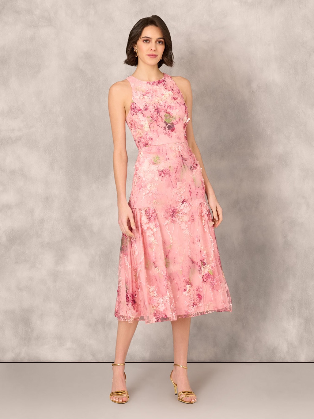 Aidan Matox Sz 10 Pink 3d Floral Sleeveless Midi Dress Sequin Boho